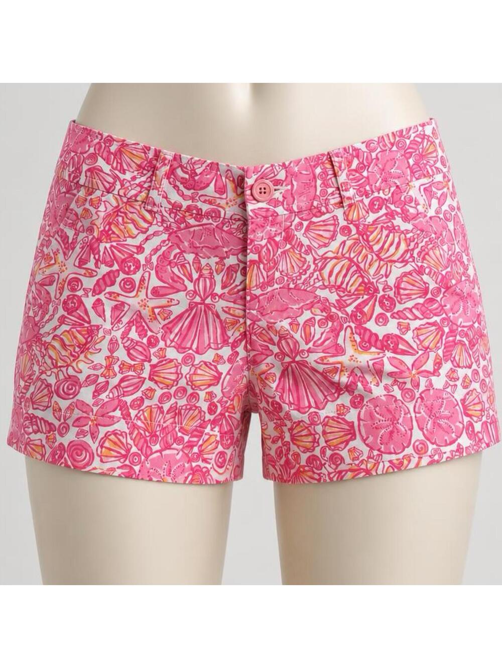 Lilly Pulitzer Pink Seashell Print Cotton Shorts Size 0 Lets Cha Cha